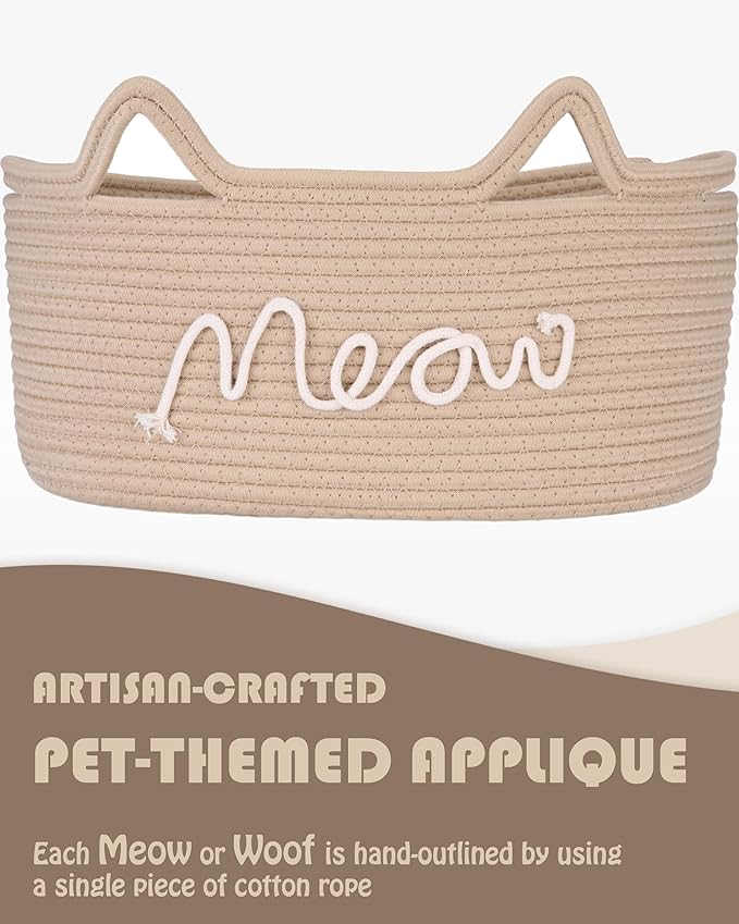 Sea Team Cat Toy Basket with Handles, 16.5 x 11 x 7 Inches, 4.4 Gallons Large Cotton Rope Storage Bin, Box, Shelf Organizer for Pet Chew Toys, Foods, Beige Meow
