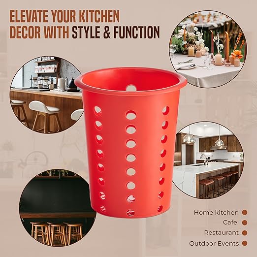 OCS Parts Perforated Utensil Drying Cups | Red | Set of 3 | Plastic Flatware Holder Cylinders for Kitchen Counter Organization