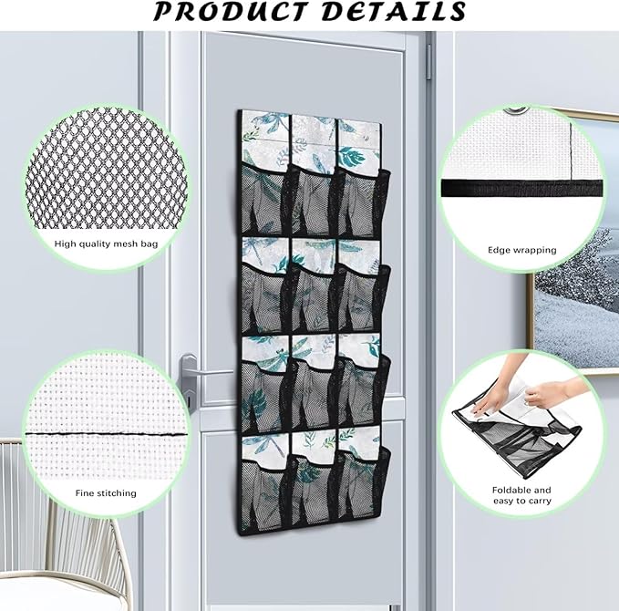 Extra Large Door Organizer with 12 Mesh Pockets, Storage Hanging Bag Behind the Door for Shoes Toys Cleaning Supplies, Dragonfly