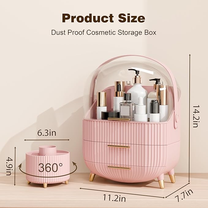 lurcns Makeup Organizers and Storage Make up Organizer for Vanity Cosmetics Skincare With Lid and Drawers Display Cases for Countertop Bathroom Women Teenager Girl Gifts(Pink+Brush Holder)