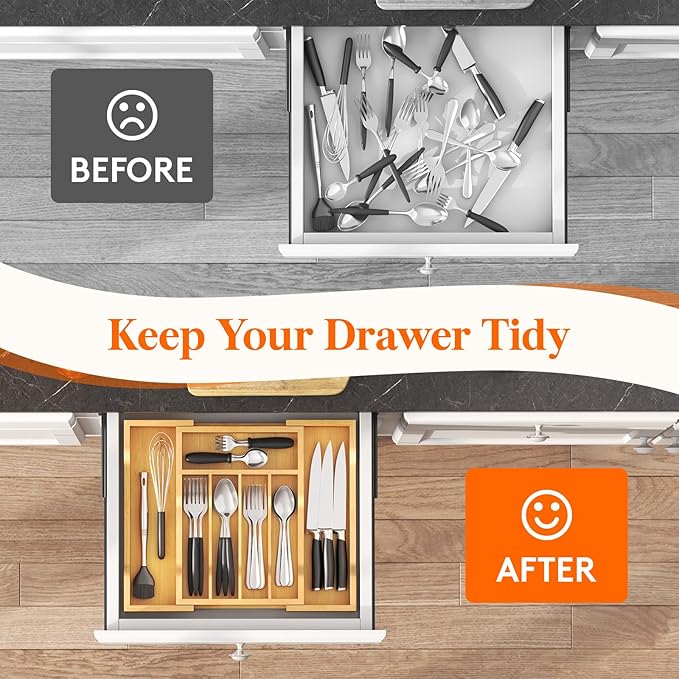 Lifewit Silverware Drawer Organizer, Expandable Utensil Tray for Kitchen, Flatware and Cutlery Holder, Wood Adjustable Storage for Spoons Forks Knives, 9.4-15.7x13", Natural