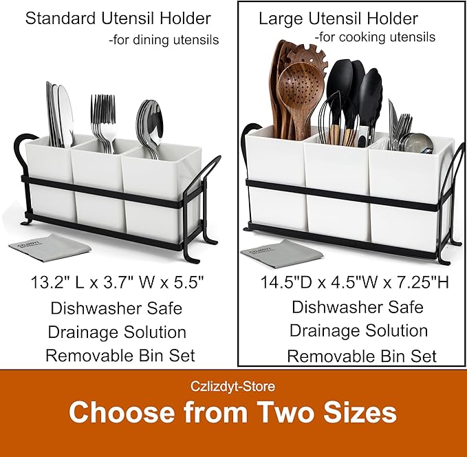 Czlizdyt Large Kitchen Utensil Holder, Drainage Utensil Caddy for Countertop, 3pcs Bins Set Cooking Utensil Organizer for Spoons, Spatulas, White