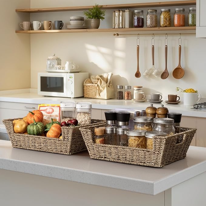 StorageWorks Seagrass Baskets for Organizing with Built-in Handles, Stackable Wicker Pantry Baskets for Shelf, Pantry Organizers and Storage for Shelves,2-Pack