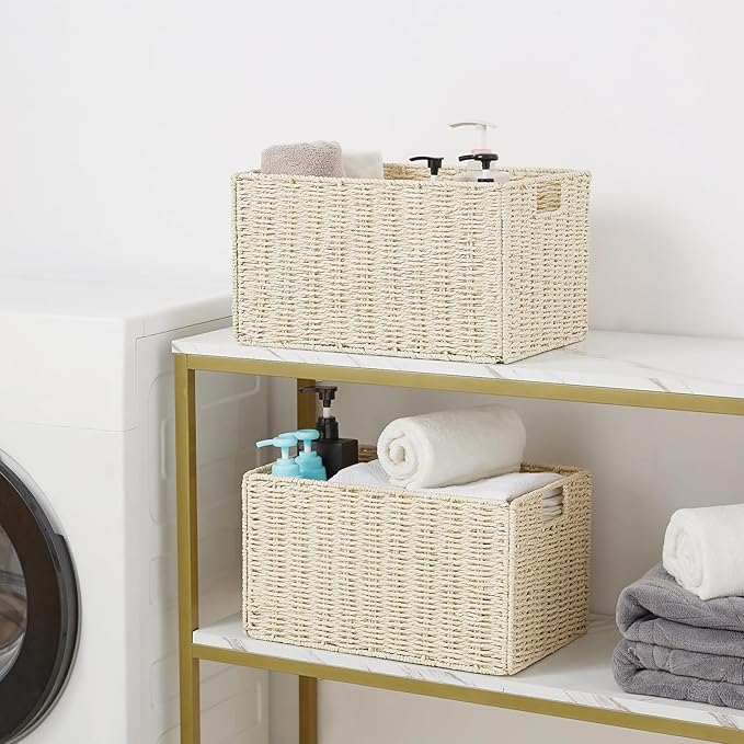 Vagusicc Wicker Storage Basket, Set of 2 Hand-Woven Paper Rope Wicker Basket, Small Storage Baskets for Organizing Toilet Paper Baskets, Foldable Large Cube Storage Organizer Bin for Shelves (Beige)