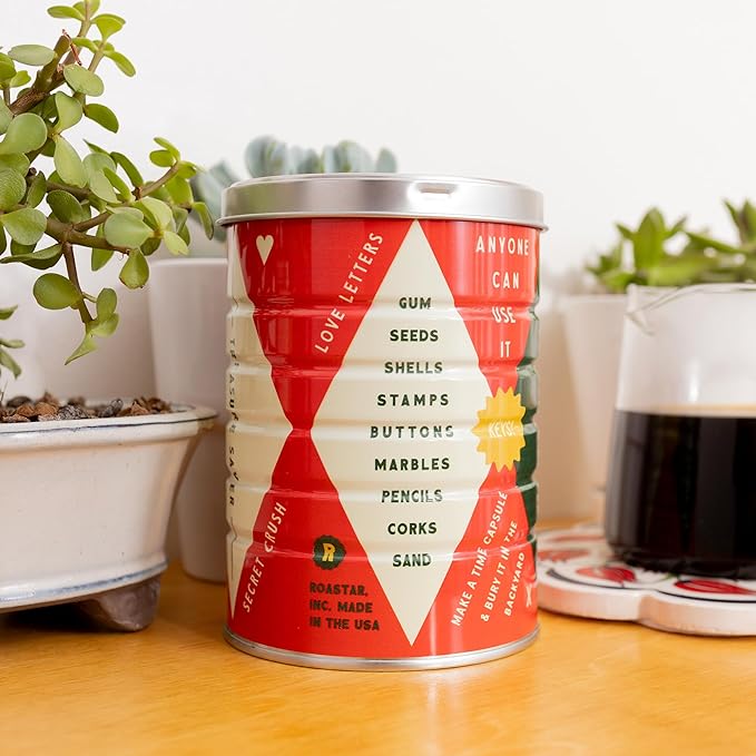 Retro Tin Can, Studio MPLS Designs, Collectable, Peel & Stick Valved End with Metal Lid, 8-12oz (4.0625 x 5.5 in) (Treasure Saver Design)