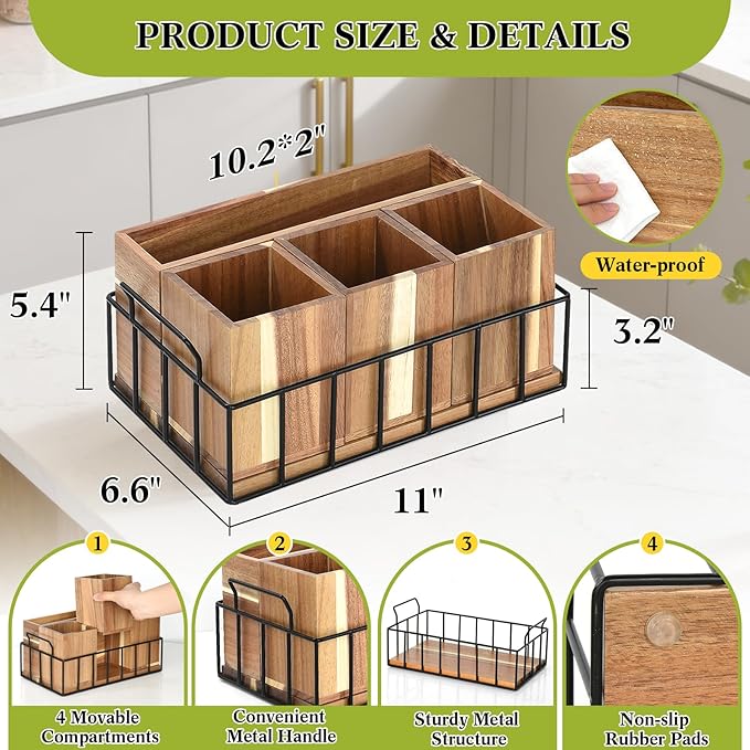 Silverware Holder for Party, Acacia Utensil Holder with 4 Removable Compartments for Countertop, Silverware Caddy Flatware Organizer Box for Utensil Spoons Forks Plate Napkin, Detachable Sevring Caddy