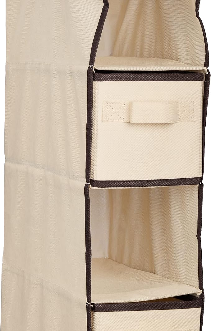 Relaxdays Wardrobe Hanging Shelf, 7 Compartments, Fabric, 106 x 16.5 x 31 cm, 2 Drawers, Clothes Organiser, Beige