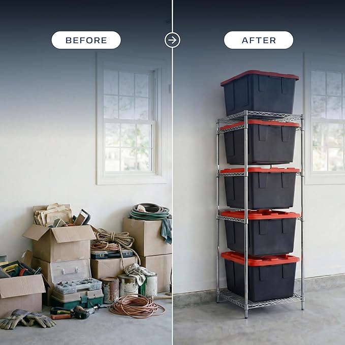 MonsterRAX WS-BR27-Z5 Bin Rack with 5-Pack 27 Gallon Storage Totes, Stackable & Lockable, Red Lid/Black Bin