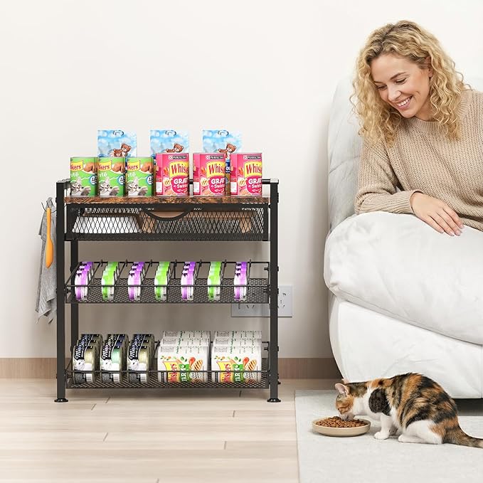 Cat Food Organizer,2 Floors Bring Drawer Storage Rack, Manually Adjust The Gap Size,Store Suitable Can Sizes Container,Automatic Slip Design,Suitable For Pet Food Canned Food Dispenser