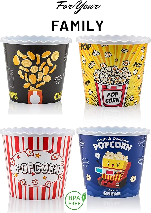Modern Style Reusable Plastic Popcorn Containers / Popcorn Bowls Set for Movie Theater Night - Washable in the Dishwasher - (BPA Free-4 Pack) (Color: Yellow, Brown, Red/White and Blue Popcorn Boxes)