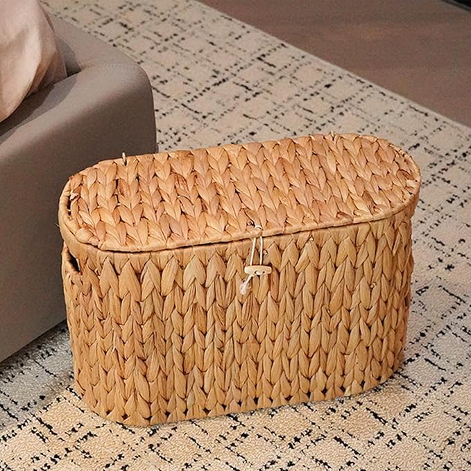 PINXIURY Water Hyacinth Toilet Paper Storage Basket, Bathroom Toilet Organizer with Lid, Woven Toilet Paper Holder for 6 Mega Rolls Bathroom Storage, Magazine Holder for Office, Bedroom