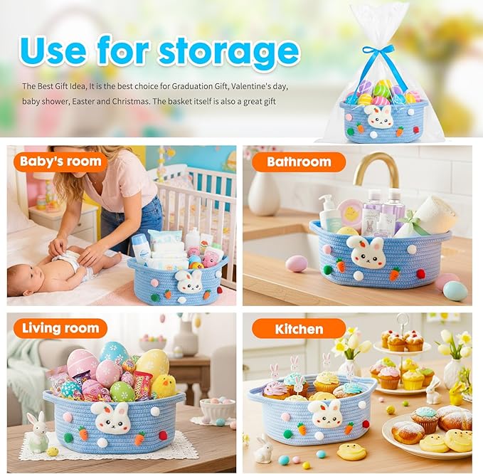 ShellKingdom Empty Gift Basket with Gift Bags and Ribbon, Birthday Basket for Boys Girls, Storage Woven Basket with Handles for Home Organizer, 12 X 8 X 5 INCH, Easter Blue