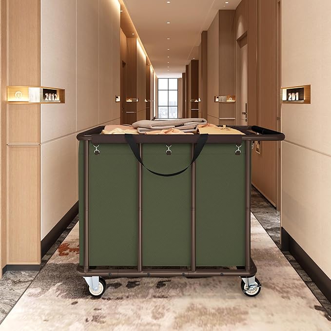 FAVOOSTY 470L Heavy Duty Commercial Laundry Cart with Wheels,Industrial Rolling Laundry Hamper, Extra Large Laundry Basket, Metal Frame for Hotel/Hospital/Home, 440lbs (Green)