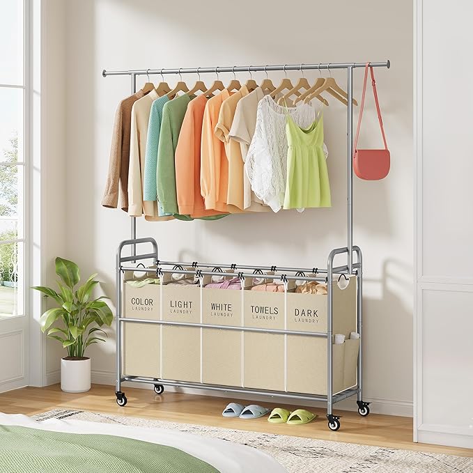 Tajsoon Laundry Sorter with Hanging Bar, 5 Bag Laundry Sorter with Wheels, 246L (65 Gal.) Laundry Hamper with Adjustable Hanging Rack, Laundry Room Organization and Storage, Beige