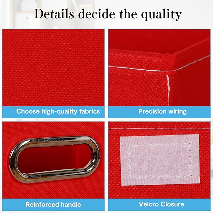 STOREONE Fabric Storage Cube Bins Foldable Organizer Container Collapsible Basket with Lids and Metal Handles, for Home, Bedroom, Closet 6 Pcs (Red)