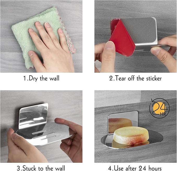 2 Pack Soap Dish for Shower, 3 Slot Self-Adhesive Soap Holder for Bathroom, Wall Mounted Shower Soap Stand, Stainless Steel Soap Tray with Adhesive Back (Reflective Silver)