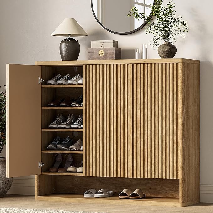 Modern Entryway Shoe Storage Cabinet – 46 Inch Wooden Organizer with Adjustable Shelves, Fluted Door, Holds 30-35 Pairs, Space-Saving Hallway Furniture, Natural Wood Color