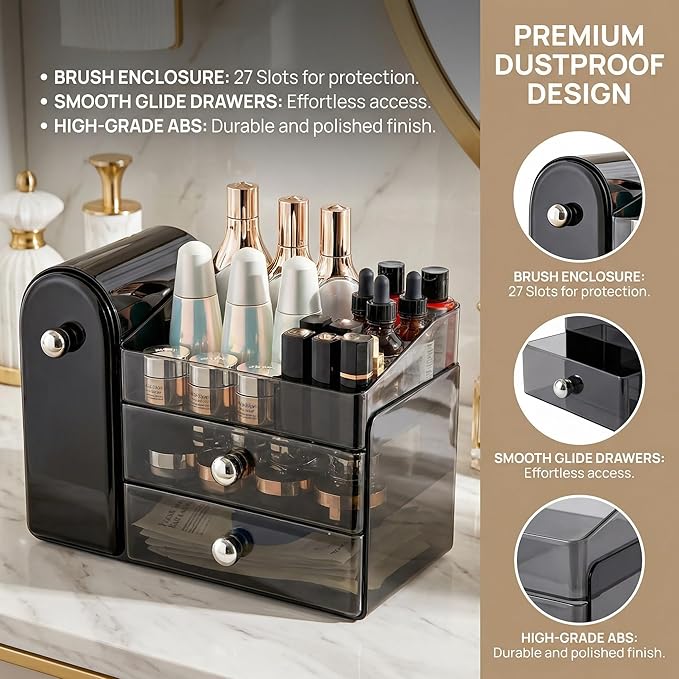 27 Slot Countertop Makeup Organizer with Brush Holder, 3-Tier Multifunctional Makeup Storage Organizer for Vanity, Fits Brushes & Large Cosmetics, Detachable & Easy to Clean