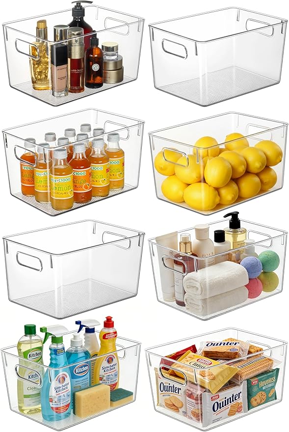 Hudgan Set of 8 Clear Plastic Storage Bins, 8 Large Storage Containers for Pantry Organizers, Home Edit, Kitchen Cabinet, Refrigerator, Under Sink Organization, Bathroom, Office