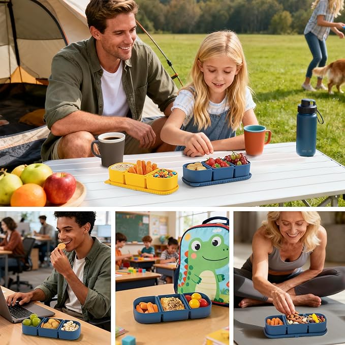 2 Pack Silicone Snack Containers, 3-Compartment Snackle Box with Leak Proof Lids, Reusable Small Divided Food Storage for Kids Lunch, School Travel Adults