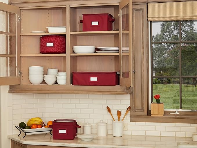 Platter Serveware Storage Box - Durable Polyester, Dual Zippers, Carrying Handles, ID Window, Kitchen Storage, Scarlett Red