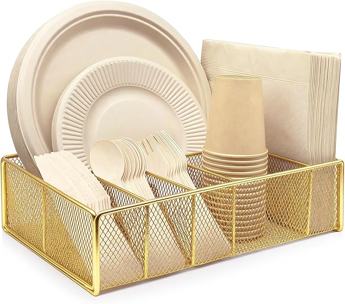 DysanVica Metal Paper Plate Holder - Utensil Silverware Caddy for Kitchen Counter Cabinet Cutlery Flatware Organizer Storage Dispenser for Plastic Spoon Fork Plates Napkins Cup Party Camping Gold