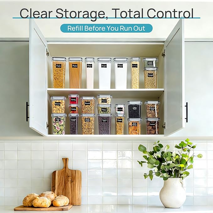 Airtight Food Storage Containers with Lids, Vtopmart 24 pcs Plastic Kitchen and Pantry Organization Canisters for Cereal, Dry Food, Flour and Sugar, BPA Free, Includes 24 Labels,Black