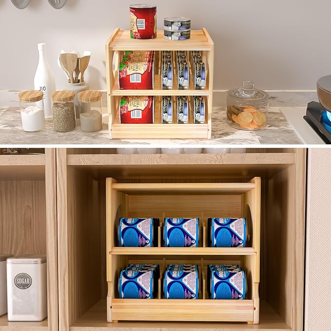 Wood Cat Can Organizer for Pantry, 2 Tier Stackable Can Storage Rack for Kitchen Counter And Cabinet Cat Food Storage Container Holds 36 (3oz) Cans FIFO Design