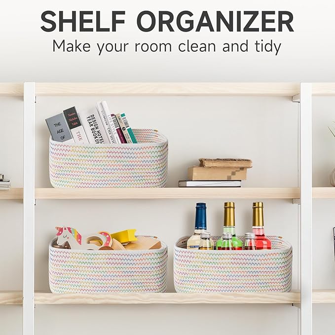 3-Pcs Shelf Baskets for Organizing, Closet Organizer Bins, Small Woven Baskets, Rope Toy Basket, Storage Basket for Shelves, Cube Decorative Box, 11.8×7.8×5.1”, Rainbow