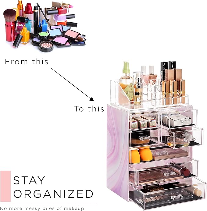 Sorbus Acrylic Makeup Organizer Set, 7-Drawer Vanity & Countertop Cosmetic Storage with Small & Wide Compartments, Tie Dye Makeup Storage for Brushes, Jewelry – Holiday Gift for Women & Teens