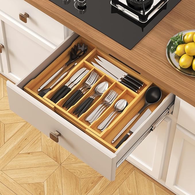 Lifewit Silverware Drawer Organizer, Expandable Utensil Tray for Kitchen, Flatware and Cutlery Holder, Wood Adjustable Storage for Spoons Forks Knives, 13-22x15/ 33-56x38cm, Natural