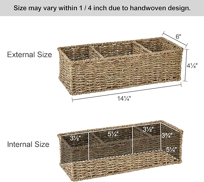 StorageWorks Wicker Toilet Basket Tank Topper, Toilet Paper Basket for Back of Toilet Tank Top, 3-Section Seagrass Storage Baskets for Shelves, 2-Pack