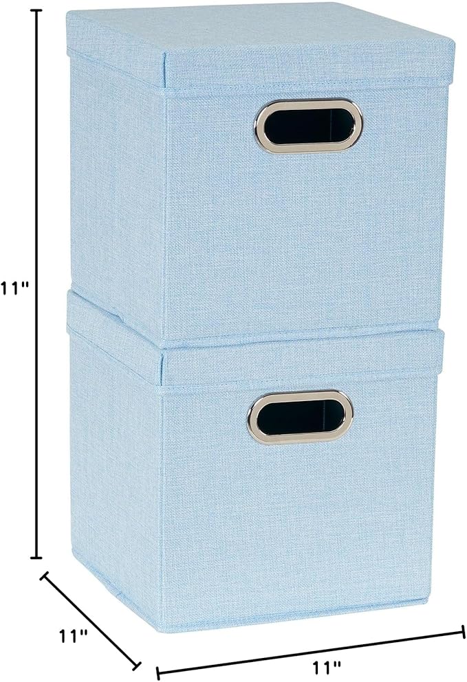 Household Essentials 816-1 Café Cube Bin Storage Set with Lids and Handles | 2 Pack, Baby Blue Linen