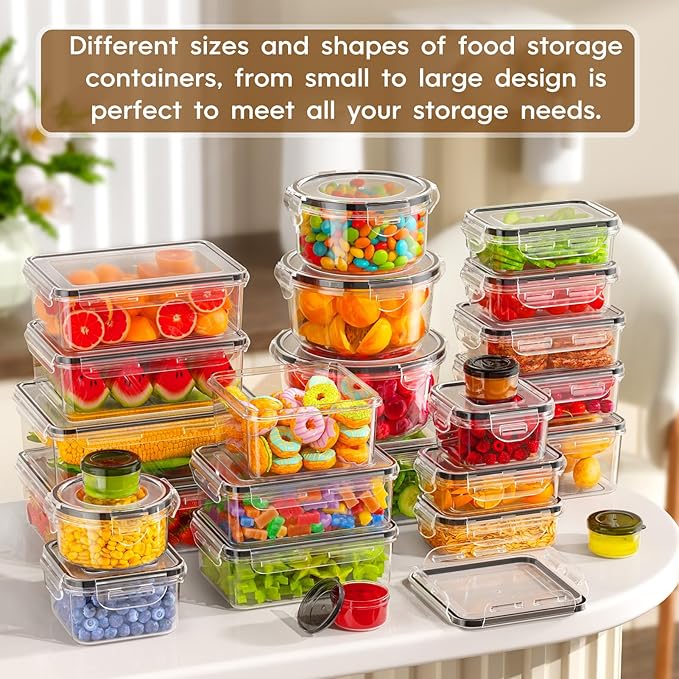 KEMETHY 50 PCS Food Storage Containers with Lids Airtight, Total 629oz, BPA-free, Food-grade, Eco-friendly Material, Leak Proof Plastic Containers, Microwave/Dishwasher Safe
