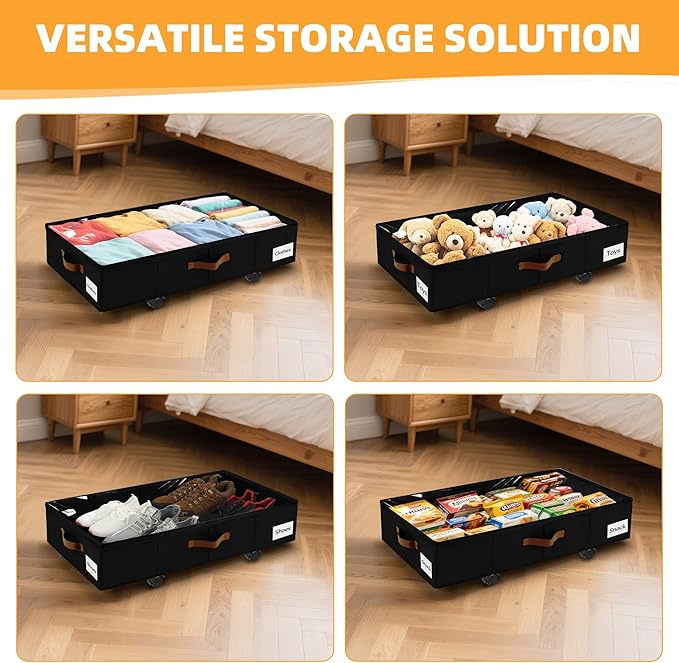 Under Bed Storage with Wheels,Underbed Storage with Sturdy Sidewalls/Bottom, Clear Cover, Label and PU Handle, Rolling Under Bed Drawers for Clothes, Shoes, 6.5 Inch Height,Black, 4 Pack