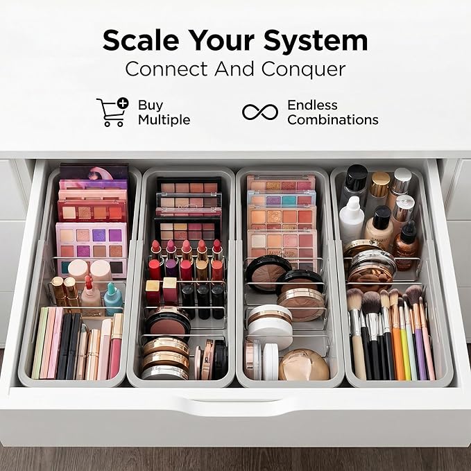Li&Zhao Drawer Organizer- Adjustable Storage Bins with 5 Dividers, Gray Clear Drawer Organizer for Kitchen, Bedroom, and Office, Expandable clear organizer bins for Makeup, Utensils, and Gadgets