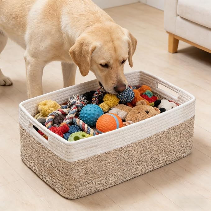 UBBCARE 2 Pack Storage Baskets for Shelves, Large Woven Storage Baskets, Dog Toy Bins, Baskets for Organizing Clothes, Towels, Books, Blanket, 17"L x 13"W x 7.5"H, White&Brown