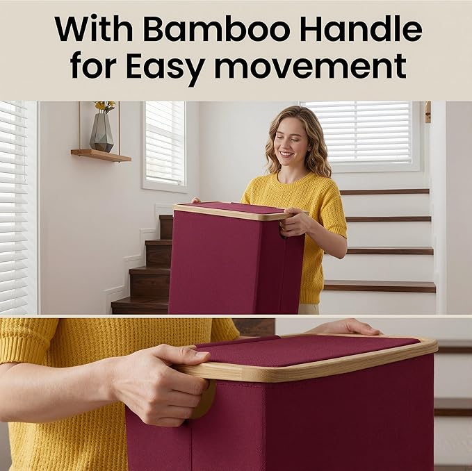 efluky Slim Laundry Basket with Lid, Narrow Laundry Hamper with Removable Bag, Skinny Dirty Clothes Basket with Bamboo Handles for Bathroom, Bedroom & Laundry Room, 75L Burgundy