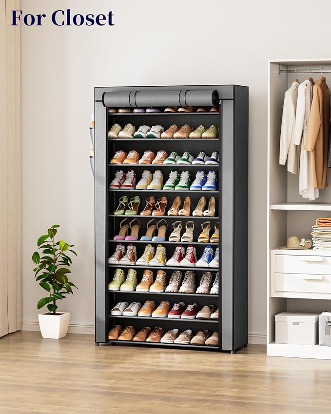 Kitsure Shoe Rack - 10-Tier Shoe Organizer with Zippered Dust Cover & Side Pockets, Easy to Assemble, Space Saving Shoe Rack for Closet, Entryway, Living Room, 33" x 12.4" x 69.3", Grey