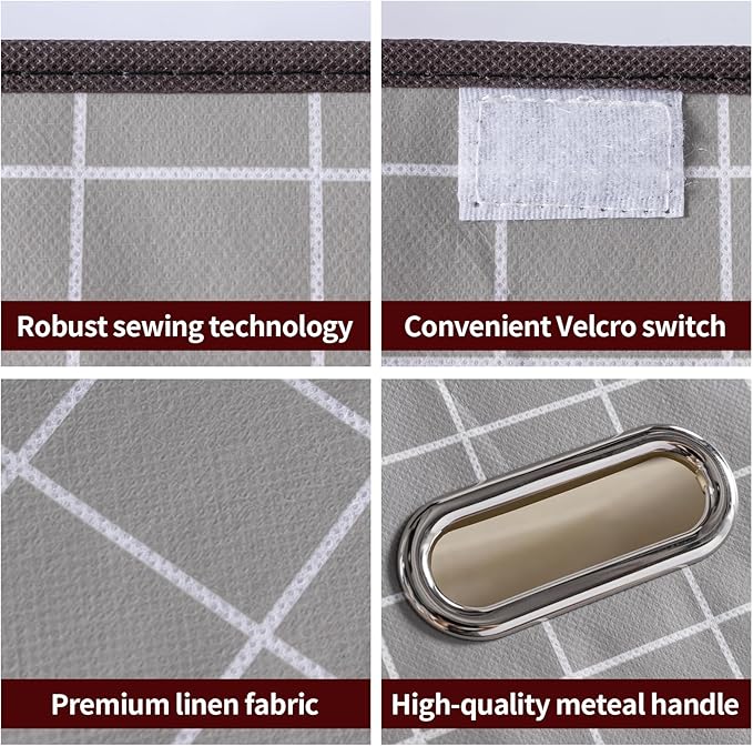 STOREONE Fabric Storage Cube Bins Foldable Organizer Container Collapsible Basket with Lids and Metal Handles, for Home, Bedroom, Closet 3 Pcs (Grey grid)