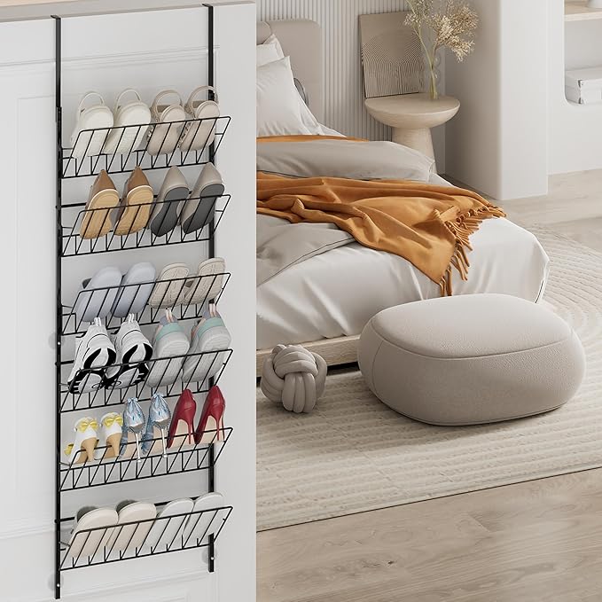 SWTYMIKI Over The Door Shoe Organizer - Adjustable 6 Tier Hanging Shoe Rack Organizer, Metal Heavy Duty Behind Door Storage or Wall Mount Shoes Shelf for Flats, Heels, Sneakers, Boots