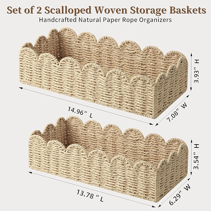 2 Pack Scalloped Wicker Shelf Baskets,Handwoven Paper Rope Basket Organizer for Toilet Tank & Shelves, Decorative Woven Storage Bin for Living Room, Bedroom & Entryway, Beige