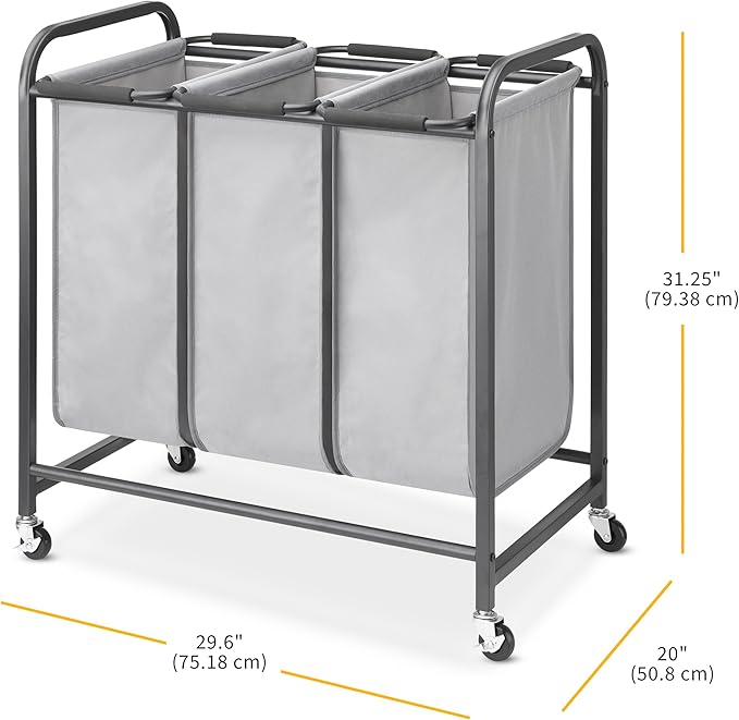 Whitmor Triple Laundry Sorter - 3 Removable Bags with Easy-Grip Handles - Rolling Laundry Sorter - Grey