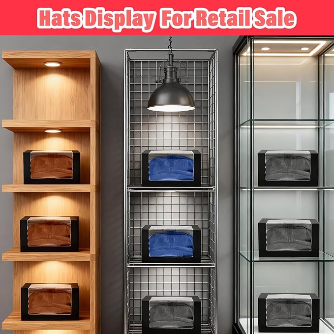 24 Pack Black Hat Boxes with Window - Display & Storage Box for Baseball Caps, Snapbacks, Dad Hats | 7.8 x 7.8 x 4.7 Inch Foldable Gift Box Organizer