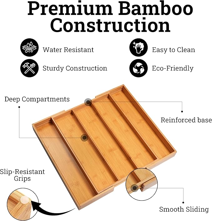 Purawood Premium Bamboo Drawer Organizer, 100% Pure Bamboo, Adjustable Utensil Organizer, Silverware Tray for Drawer (3-5 slots)