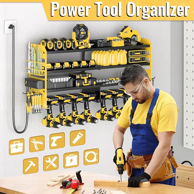 Power Tool Organizer Wall Mount with Charging Station,4 Layer Heavy Duty Metal Storage Rack with 8 Cordless Drill Holder,Battery Utility Rack Gift for Garage workshops Room(Yellow)