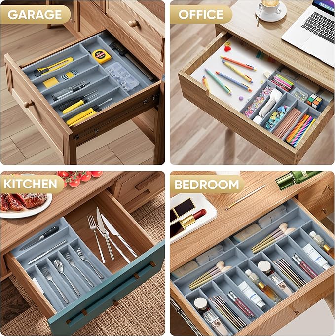 Silverware Organizer, 12.5 Inch Utensil Organizer Kitchen Drawer Organizer Bamboo Silverware Holder Cutlery Tray Organizer in Drawer Flatware Organizer Tray(7 slots, Gray