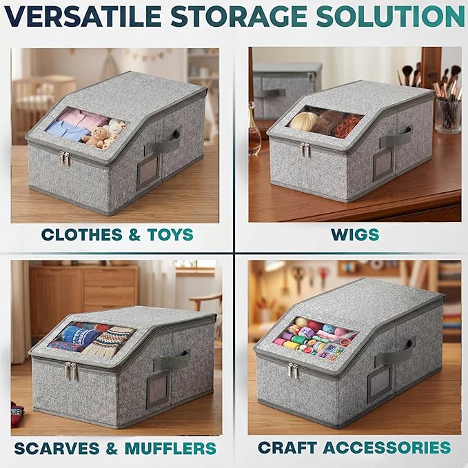 2-Pack Hat Organizer Boxes – Holds Up to 24 Caps, 1 Grey + 1 Black, Stackable Baseball Cap Storage, Breathable Fabric, Clear Window Lid, Foldable & Dustproof Hat Rack for Closet or Shelf