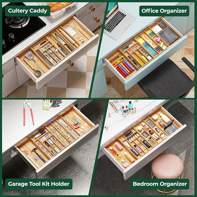 Large Silverware Organizer, 11 Slots Magnetic Connected Expandable Acacia Wood Utensil Drawer Organizer From 21 to 37.4 Inches, Adjustable Flatware and Cutlery Holder, Utensil Tray for Kitchen