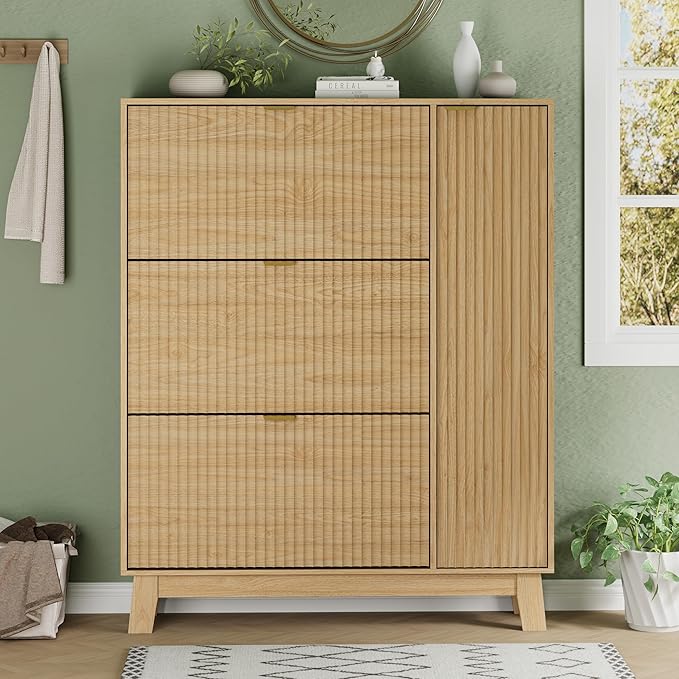 Xixini Shoe Cabinet with 3 Flip Drawers, 54" Tall Narrow Fluted Shoe Storage Organizer for Entryway, Hidden Wooden Shoe Rack with Adjustable Side Cabinet for Front Door Entrance, Hallway, Natural Oak